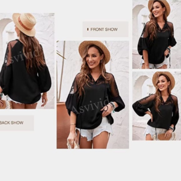 Womens Black Vneck Crochet Lace accent blouse sz xl - Picture 3 of 4